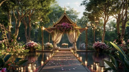Picturesque outdoor Thai wedding scene in anime style, serene pond setting, draped silks and grand floral arrangements - obrazy, fototapety, plakaty