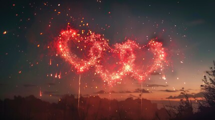 Hearts made of fireworks in a night sky - obrazy, fototapety, plakaty