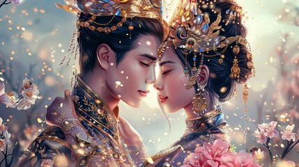 Scifi Thai bride and groom in anime form, adorned in digitally enhanced traditional costumes with holographic gold jewelry