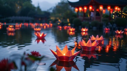 Serene pond at a Chinese funeral scene with paper boats and floating candles, reflecting the calm of evening twilight - obrazy, fototapety, plakaty