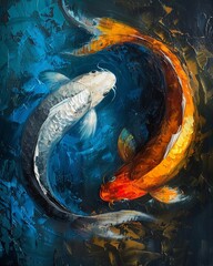 Captivating oil painting with Koi fish portrayed in a yin yang design, illustrating the dynamic interplay of elements with deep, immersive colors - obrazy, fototapety, plakaty