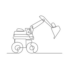 One continuous line drawing of excavator in the site project . Construction Project design concept with simple linear style. Construction Project vector design illustration concept.