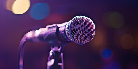 close up of microphone on stand in front of stage lights, generative AI - obrazy, fototapety, plakaty