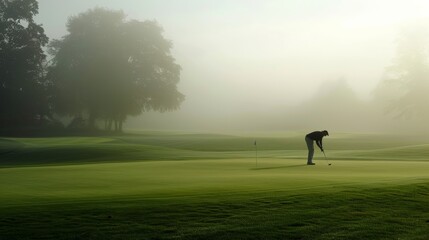 A golfer putting on a green shrouded in a light morning fog, creating a tranquil and mystical atmosphere