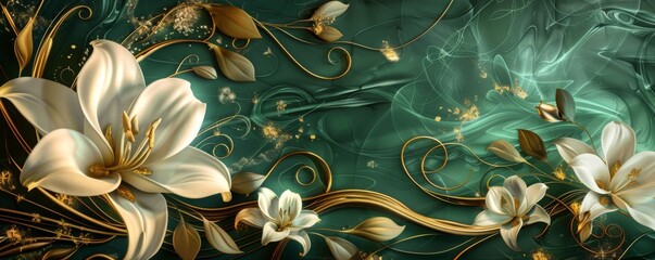 3D wallpaper green background with white and gold flowers - obrazy, fototapety, plakaty