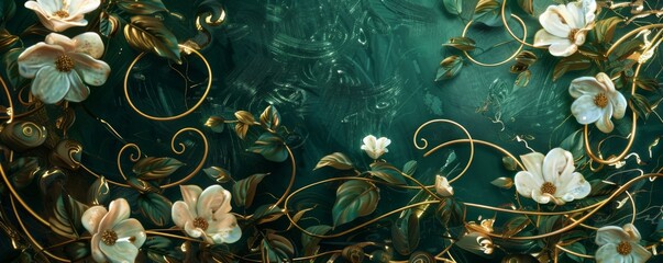 3D wallpaper green background with white and gold flowers - obrazy, fototapety, plakaty