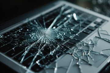 A blank laptop screen cracked and shattered, representing the fragility of technology and the potential loss of data.