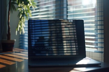 A blank laptop screen displaying a reflection of a bright office window, creating a surreal interplay of light and shadow.