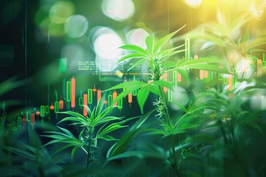 Cannabis business with marijuana leaves and stock graph charts going up, green stock market exchange, Commercial cannabis medicine business , Generative AI Technology