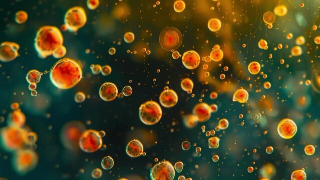 Microscopic image of a water sample contaminated with red tide highlighting the abundance of redcolored phytoplankton. . AI generation.