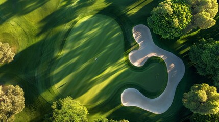 Fototapeta premium An aerial view of a golf course highlighting the geometric patterns of sand traps contrasted with the green fairways 