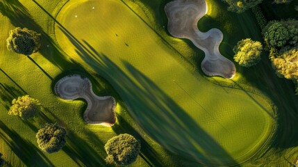 An aerial view of a golf course highlighting the geometric patterns of sand traps contrasted with the green fairways 