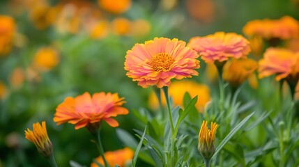 A beautiful close shot of marigold flower garden with a blurry big space for text or product advertisement background, Generative AI.