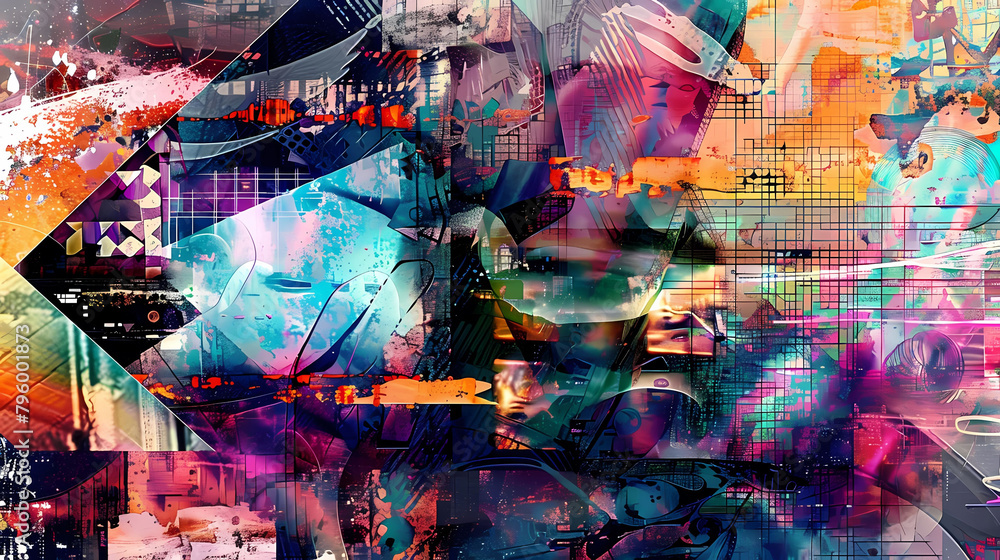Poster digital fusion art featuring a colorful array of shapes and sizes, including a triangle, a square,