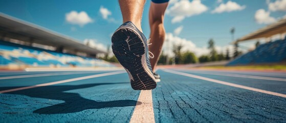 Close up legs of Athlete man running on racetrack at a stadium, Sprinter on the running track. 