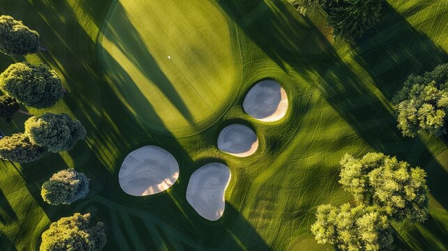 An aerial view of a golf course highlighting the geometric patterns of sand traps contrasted with the green fairways
