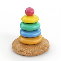 3D Render of a wooden stacking toy with rings of different sizes, on isolated white background, Generative AI