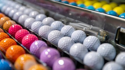 A close-up of the sorting mechanism of a modern golf ball collector, separating white balls from...