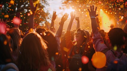 A crowd of people cheering and celebrating at an outdoor festival marking the summer solstice - obrazy, fototapety, plakaty