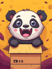 A happy cartoon panda bear sitting in a magenta cardboard box - obrazy, fototapety, plakaty
