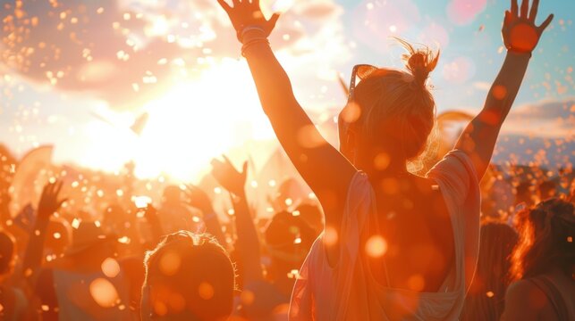 A crowd of people cheering and celebrating at an outdoor festival marking the summer solstice