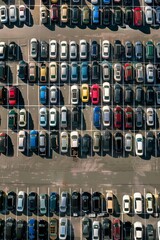 Obraz premium An aerial view of a busy airport parking lot, filled with rows of cars awaiting their owners' return, Generative AI