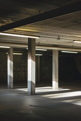 An empty parking garage with fluorescent lights casting shadows across the concrete pillars, Generative AI