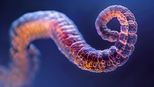 A closeup view of a tapeworm with its extensive network of segments visible under a microscope. The thin wormlike body of the is coiled . AI generation.
