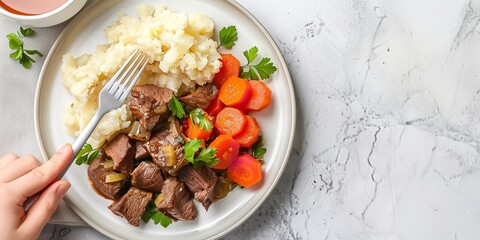 Top view of a unrecognized person eating an Irish meal with beef, carrot with a big space on desk for text or product advertisement, Generative AI.