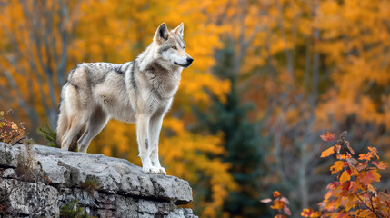 Lone wolf standing on a rock in the autumn forest with colorful leaves.