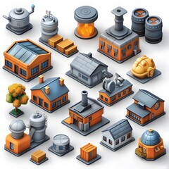 Comprehensive Collection of Detailed 3D Industrial Machinery and Facility Icons for Commercial Use