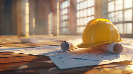 Yellow Hard Hat and Blueprints on Table at Construction Site.. - obrazy, fototapety, plakaty