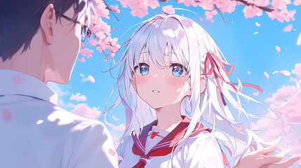 close up Two anime characters on a date, standing near a cherry blossom tree. illustration style background - obrazy, fototapety, plakaty