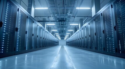 A state-of-the-art data center equipped with rows of server racks, advanced cooling systems, and redundant power supplies.