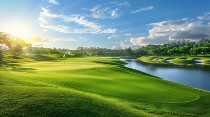 A breathtaking panoramic view of a sprawling golf course with rolling green fairways, shimmering water hazards, and bunkers in the distance.