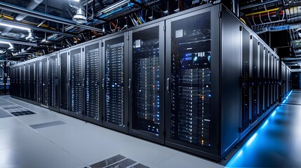 A state-of-the-art data center equipped with rows of server racks, advanced cooling systems, and redundant power supplies.