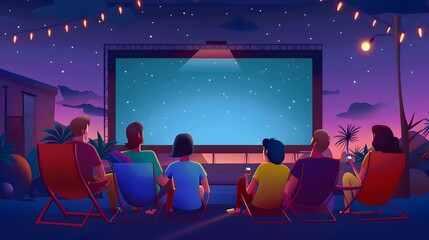 Outdoor cinema theater big screen. Friends and dating couples watching open air movie at night. Vector illustration for evening leisure, vacation, weekend concept