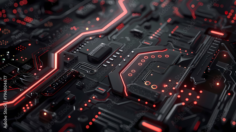Poster futuristic design of a black and red building with a red light in the foreground