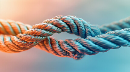 Connected and Tied Blue and Orange Ropes Representing Teamwork - obrazy, fototapety, plakaty