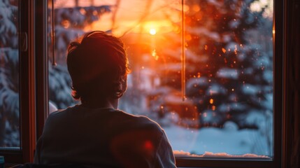 Naklejka premium A person gazing out a window at a winter solstice sunset, reflecting on the changing seasons