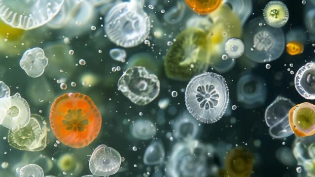 A microscopic view of a pond where euglenoids are present showcasing their vital role in balancing the ecosystem as both consumers . AI generation.