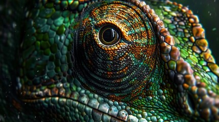 Obraz premium Closeup of a chameleons eye and textured skin dramatic detail against a deep emerald green background intense and captivating