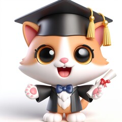 Cute character 3D image of A cute cat is wearing a hat in a graduation ceremony - obrazy, fototapety, plakaty