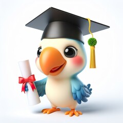 Cute character 3D image of A Parrot  is wearing a hat in a graduation ceremony - obrazy, fototapety, plakaty