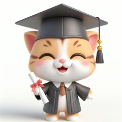 Cute character 3D image of A cute cat is wearing a hat in a graduation ceremony - obrazy, fototapety, plakaty