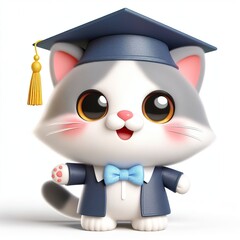 Cute character 3D image of A cute cat is wearing a hat in a graduation ceremony - obrazy, fototapety, plakaty