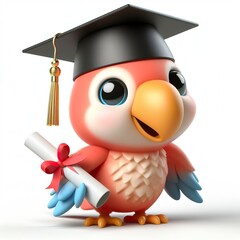 Cute character 3D image of A Parrot  is wearing a hat in a graduation ceremony - obrazy, fototapety, plakaty