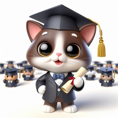 Cute character 3D image of A cute cat is wearing a hat in a graduation ceremony - obrazy, fototapety, plakaty