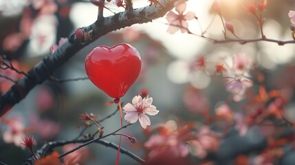 Cherry blossoms in Japan with red heart shape balloon and a blurry or defocused environment with a big space for text or product advertisement background, Generative AI.