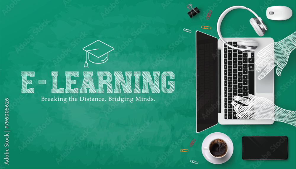 Poster e learning school vector template design. back to school e learning text with laptop computer device
